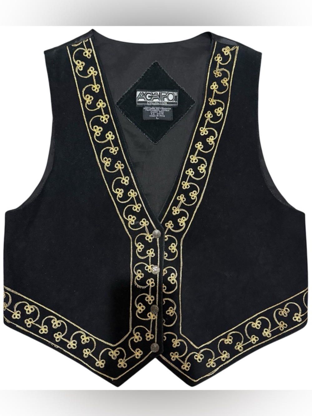 Agapo Collection Vintage Vest Women L Black Gold Suede Leather Boho Embroidered